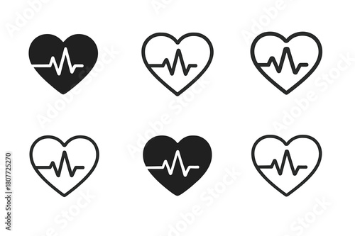 Heart Rate Logos. Heart rate monitoring. Set Logo of Heart rate monitoring: pulse waveform within heart. harmonious logo variations of the same emblematic