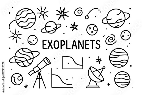 Exoplanet Exploration Doodle. Exoplanets. Hand-drawn doodle illustration exoplanets orbiting stars, telescope, data chart, rings, planets, light curve, moon,
