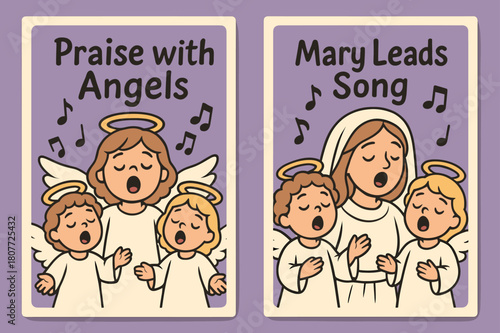 Angelic Singing Banners. Angelic Choir. Two vertical A6 banners with safe margins, centered composition, no elements touching edges, cartoon, lavender and