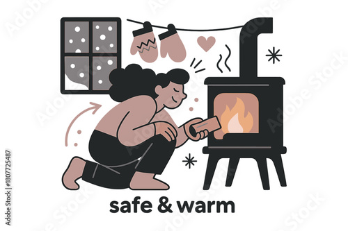 Warm Winter Refuge. Keeper of the Hearth ? Winter Shelter. Snow taps the window while the stove glows; mittens dry on a simple line. Caption ?safe & warm?.