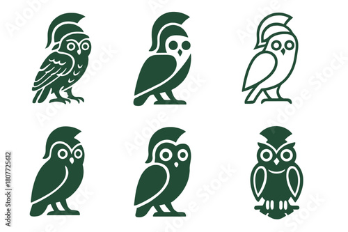 Mystical Deity Logos. Ancient gods and goddesses in a mystical landscape. Set Logo of Ancient gods and goddesses in a mystical landscape: Athena owl. Icon set.