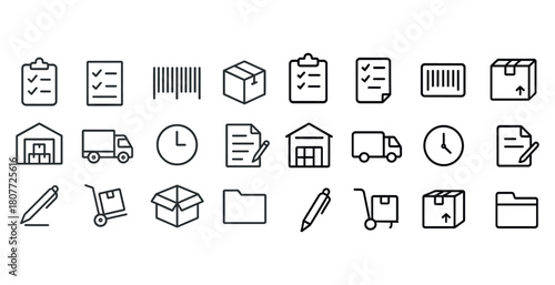 Warehouse and delivery icon set with boxes, trucks, and documents