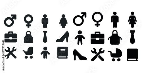 Diverse gender icons depicting male female figures symbols tools accessories