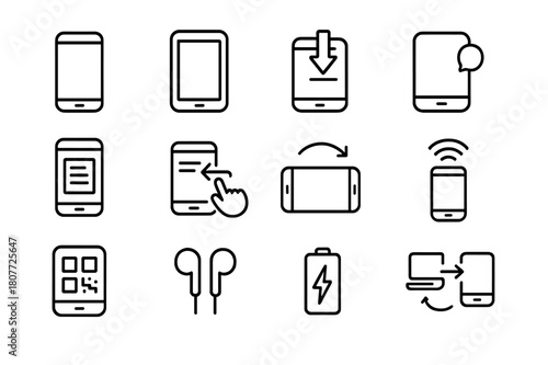 M-Learning Icon Set. Mobile learning (m-learning). Line icon set of mobile learning: smartphone, tablet, offline download, push notification, microlearning