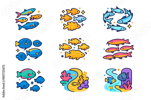Coral Reef Icons. Coral reef schooling species. Colorful isometric vector icons set of Coral reef schooling species: fusilier fish group, anthias cloud, bigeye