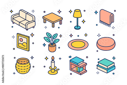 Minimalist Living Room Icons. Minimalist living room decor. Colorful isometric vector icons set of Minimalist living room decor: neutral sofa, low table,