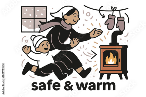 Winter Shelter Bliss. Keeper of the Hearth ? Winter Shelter. Snow taps the window while the stove glows; mittens dry on a simple line. Caption ?safe & warm?.