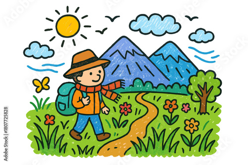 Scenic Mountain Doodle. mountain view. Colorful Hand-drawn doodle Children illustration mountain view person, tall grass, wind, distant mountain, clouds, sun,