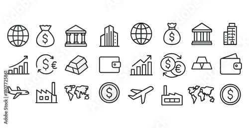 Black and white financial icons set featuring currency and economic symbols