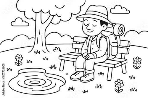 Traveler's Calm Reflection. Peaceful reflection stop children?s coloring book illustration, outlined drawing, a traveler sitting calmly on a bench under a tree
