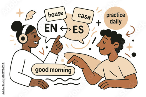 Bilingual Word Practice. AI Assistants ? Language Tutor. Word cards drift between two bubbles labeled ?EN - ES?; pronunciation waves glide under a highlighted