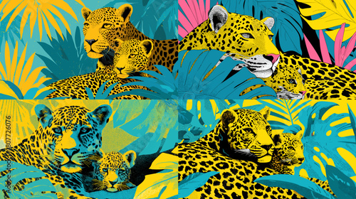 Vibrant illustration of leopards resting among colorful tropical leaves with bold artistic patterns. A striking wildlife artwork that blends nature and modern pop art style.