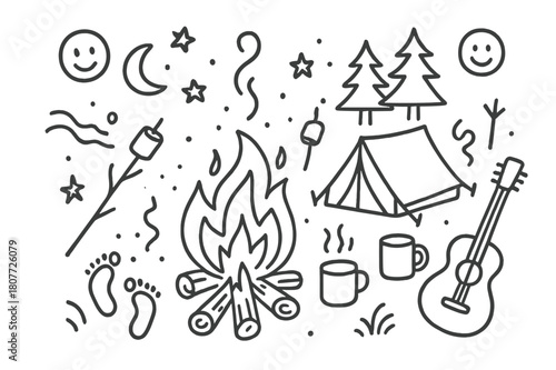 Campfire Doodle Elements. Campfire. Hand-drawn doodle illustration campfire logs, flames, sparks, marshmallow on stick, tent, trees, moon, stars, smoke lines,