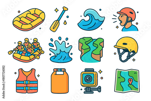 River Rafting Icons. River rafting adventures. Colorful isometric vector icons set of River rafting adventures: inflatable raft, T-grip paddle, whitewater
