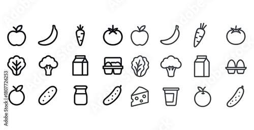 Set of outline icons representing various foods and grocery items