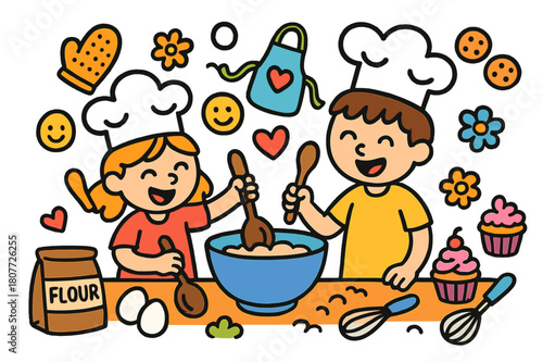 Joyful Cooking Doodles. Cooking together. Colorful Hand-drawn doodle Children illustration Cooking together chef hats, mixing bowl, spoon, cookies, apron, oven