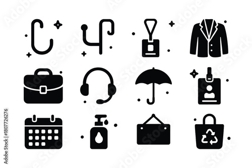 Office Hooks Icons. Office coat and bag hooks. Solid icons set of Office coat and bag hooks: cubicle hook, desk side hook, conference badge lanyard, blazer,