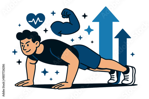 Dynamic Workout Motivation. Workout motivation. Individual doing push-ups with abstract floating arrows, icons, and sparkles; conveys strength, determination,