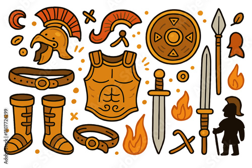 Colorful Ancient Armor. Ancient armor. Colorful Hand-drawn doodle Children illustration Ancient armor bronze helmet, chest plate, round shield, sword, belt,