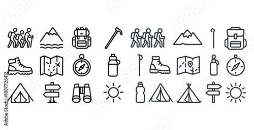 Camping and hiking icons: backpacks, tents, maps, and more