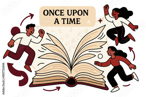 Enchanted Storybook Escape. Antique Books ? Open Story. Pages flutter like wings, with faint glowing letters lifting into the air. Caption reads ?once upon a