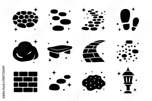 Stone Path Icons. Stone Path. Solid icons set of Stone Path: cobblestone path, stepping stones, garden trail, stone arch, mossy rock, bridge slab, footstep