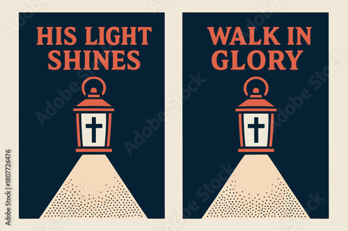 Radiant Faith Banners. Light of the World. Two vertical A6 banners with safe margins, centered composition, no elements touching edges, bold, navy and coral,