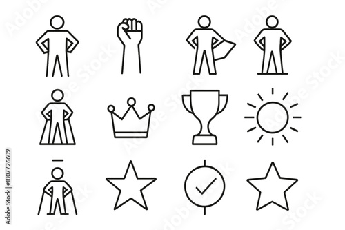 Power Pose Icons. Power pose. Line icon set of power pose: person standing tall, arms on hips, raised fist, confident stance, superhero silhouette, podium,