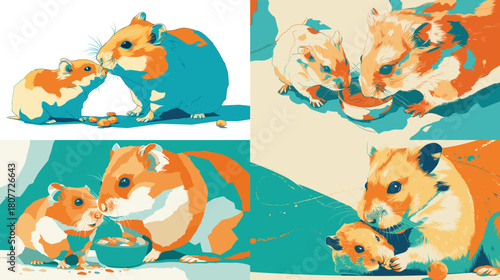 Bright stylized illustration of hamsters eating together in a playful scene. Warm colors and bold shapes highlight cuteness, family interaction, and cheerful pet behavior.