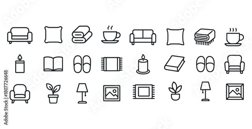 Set of minimalist home furniture and decor icons featuring sofas, plants, and lamps