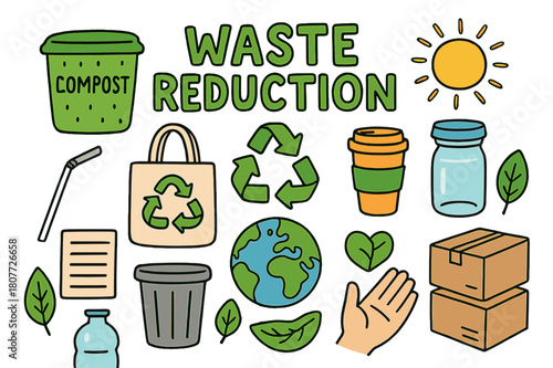 Waste Reduction Doodles. Waste Reduction. Colorful Hand-drawn doodle Children illustration Waste Reduction compost bin, recycle arrows, reusable cup, metal