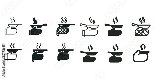 Cooking icons: hands with utensils and steam illustrations for kitchen themes
