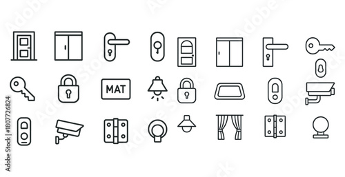 Minimalist line art icons of home security and entry elements
