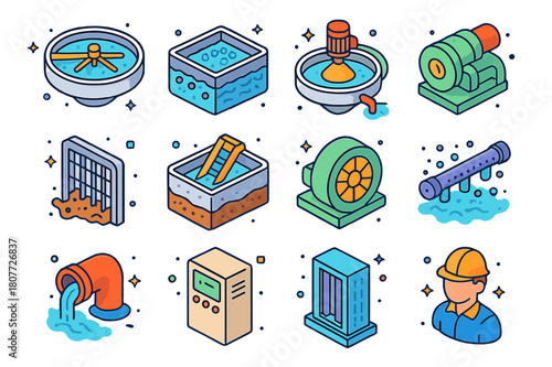 Colorful Wastewater Icons. Wastewater treatment plant. Colorful isometric vector icons set of Wastewater treatment plant: primary clarifier, aeration tank,