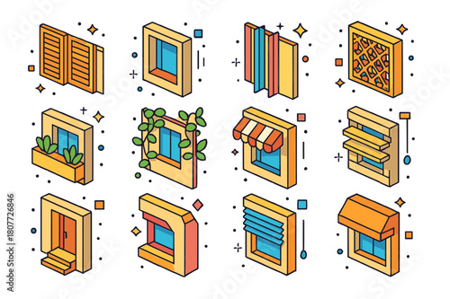 Climate Facade Icons. Climate-responsive facades. Colorful isometric vector icons set of Climate-responsive facades: adjustable wooden shutters, deep recess