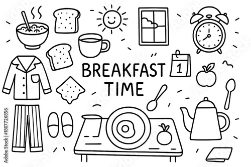 Breakfast Doodle Art. Breakfast Time. Hand-drawn doodle illustration Breakfast Time cereal bowl, toast, coffee cup, fruit, plate, spoon, kettle, alarm clock,