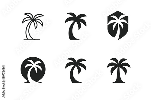 Palm Logo Variations. Palm. Set Logo of Palm: solitary palm tree with curved trunk. harmonious logo variations of the same emblematic concept, each with