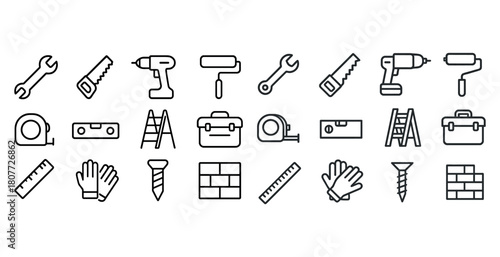 Collection of various black and white tool icons for construction and repair