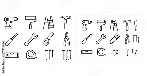 Outline icons of common carpentry and diy tools including drill, hammer, and ladder