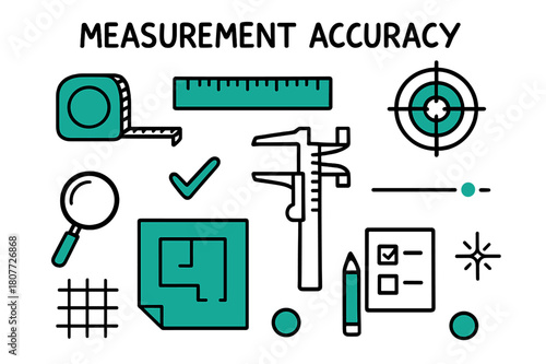 Measurement Icons Illustration. // Measurement accuracy. Hand-drawn doodle illustration Measurement accuracy [tape measure (accented), ruler (accented), target