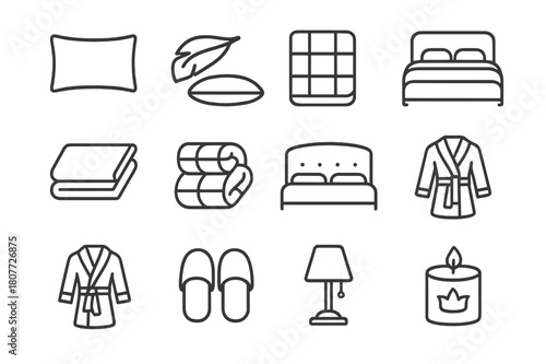 Luxury Bedding Icons. Luxury Bedding. Line icon set of Luxury Bedding: silk pillowcase, feather pillow, comforter, bed runner, high thread sheet, duvet,