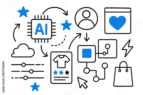 AI Engine Doodle. // AI recommendation engine. Hand-drawn doodle illustration AI recommendation engine [AI chip (accented), star icons (accented), product