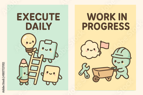 Cute Kawaii Banners. Execute daily. Two vertical A6 banners with safe margins, centered composition, no elements touching edges, kawaii, pastel mint and