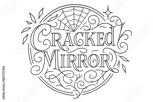 Cracked Mirror Flourish. Cracked Mirror ? Flourish Lettering; classic ornamental serif with medium swashes and sharp curls; circular crest composition within a