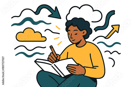 Mindful Journaling Scene. Navigating stress. Individual practicing mindful journaling with abstract floating clouds, waves, and arrows; conveys reflection,