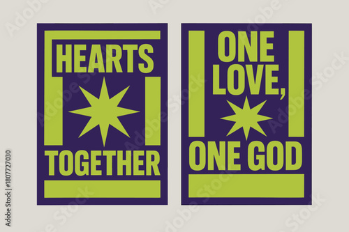 Unity of Hearts Banners. Unity of Hearts. Two vertical A6 banners with safe margins, centered composition, no elements touching edges, brutalist, royal purple