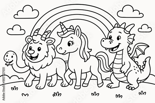 Chimera Adventure Coloring Page. Chimera and friends adventure children?s coloring book illustration, outlined drawing, a cheerful chimera walking side by side