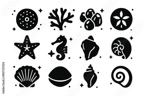 Marine Life Icons. Coastal Shells and Marine Life. Solid icons set of Coastal Shells and Marine Life: sea urchin test, coral branch, barnacle cluster, sand