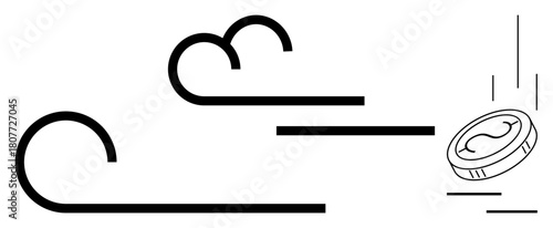 Minimalist line art of wind currents pushing a coin, symbolizing luck, risk, and financial fluctuation. Ideal for investment, economy, risk management, fortune, unpredictability decision making