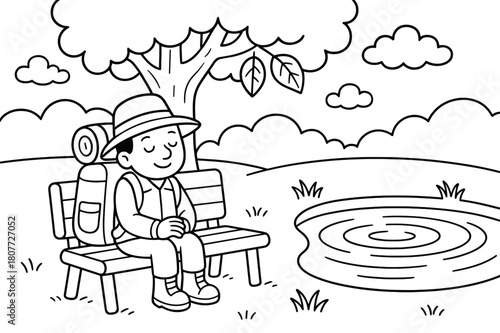Traveler's Quiet Reflection. Peaceful reflection stop children?s coloring book illustration, outlined drawing, a traveler sitting calmly on a bench under a